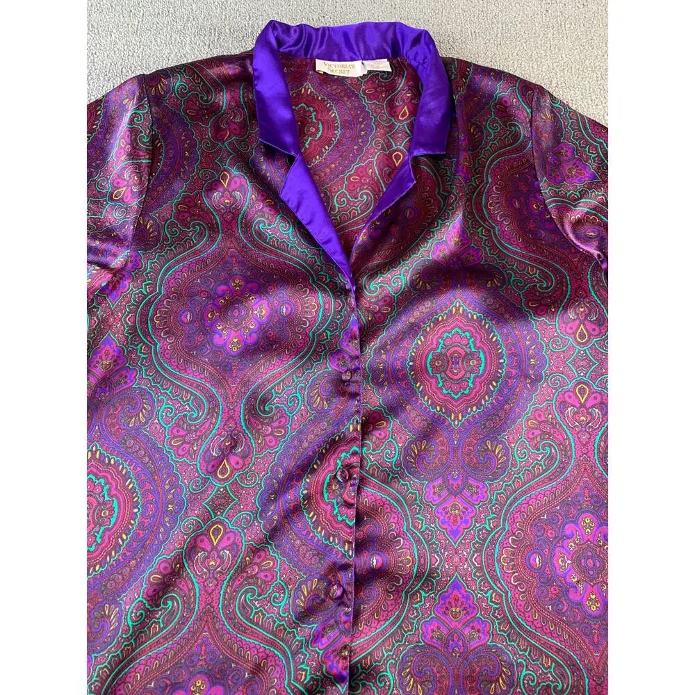 Vtg Victoria's Secret Night Shirt Gold Label Long Sleeve Paisley‎ Purple Medium